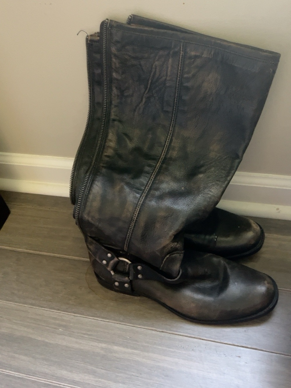 Frye Black Leather Mid-Calf Harness Heeled Boots